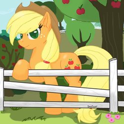Size: 900x900 | Tagged: safe, artist:densunes, applejack, pony, g4, apple tree, colored pupils, cowboy hat, ear fluff, female, fence, freckles, hat, signature, smiling, solo, stetson, tree