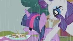 Size: 1280x720 | Tagged: safe, screencap, rarity, twilight sparkle, pony, unicorn, g4, season 1, the ticket master, daffodil and daisy sandwich, duo, duo female, female, food, grabbing, holding a pony, mare, mushroom table, open mouth, plate, ponyville, rain, sandwich, table, unicorn twilight, wet, wet mane