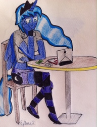 Size: 1299x1691 | Tagged: safe, artist:easel-pencil, princess luna, human, g4, clothes, female, horn, horned humanization, humanized, midriff, pony coloring, short shirt, shorts, socks, solo, striped socks, traditional art, winged humanization, wings