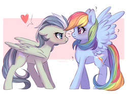 Size: 1024x780 | Tagged: safe, artist:yanshiki, rainbow dash, oc, pegasus, pony, g4, abstract background, blushing, chromatic aberration, colored pupils, commission, confused, eye contact, heart, looking at each other, personal space invasion, pictogram, question mark, scrunchy face, signature, speech bubble, spread wings, stare, wingboner, ych result