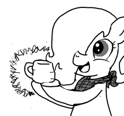 Size: 640x600 | Tagged: safe, artist:ficficponyfic, oc, oc only, oc:emerald jewel, earth pony, pony, colt quest, bandana, child, colt, cup, cute, femboy, foal, hair over one eye, happy, male, monochrome, mug, smiling, solo, story included, weapons-grade cute