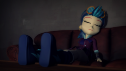 Size: 1920x1080 | Tagged: safe, artist:razethebeast, indigo zap, equestria girls, g4, 3d, boots, clothes, couch, ear piercing, eyes closed, female, piercing, sleeping, solo, source filmmaker, table