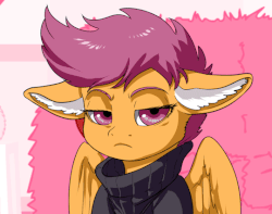 Size: 540x425 | Tagged: safe, artist:aphexangel, scootaloo, pegasus, pony, ask stalkerloo, g4, angry, animated, blinking, clothes, disappointed, disapproval, ear fluff, female, filly, floppy ears, gif, judging you, looking at you, reaction image, solo, stalkerloo, sweater, tumblr, unamused, unimpressed