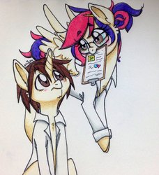 Size: 854x936 | Tagged: safe, artist:ameliacostanza, oc, oc only, oc:mayday parker sparkle, pegasus, pony, unicorn, adorkable, blushing, clothes, crossover, cute, daughter, dork, eye contact, father, father and daughter, glasses, lab coat, looking at each other, male, maydaypeter, messy bun, messy mane, nerd, offspring, parent:peter parker, parent:twilight sparkle, parents:spidertwi, peter parker, spider-man