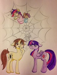 Size: 779x1025 | Tagged: safe, artist:ameliacostanza, twilight sparkle, oc, oc:ben parker sparkle, oc:mayday parker sparkle, alicorn, pony, unicorn, g4, annoyed, blank stare, blanket, blushing, colt, crossover, crossover shipping, cute, dialogue, family, father and daughter, father and son, female, filly, floppy ears, how do i shot web, idiot, male, mother and daughter, mother and son, offspring, parent:peter parker, parent:twilight sparkle, parents:spidertwi, peter parker, shipping, sleeping, spider web, spider-man, spidertwi, straight, traditional art, twilight sparkle (alicorn)