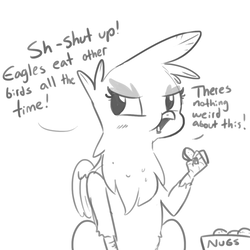 Size: 1080x1080 | Tagged: safe, artist:tjpones, gilda, griffon, g4, carnivore, chicken nugget, eating, female, food, meat, monochrome, simple background, sketch, solo, white background