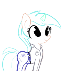 Size: 1080x1080 | Tagged: safe, artist:tjpones, lyra heartstrings, pony, unicorn, g4, clothes, cute, female, human costume, jeans, looking up, lyrabetes, no iris, pants, shaved, shirt, simple background, sketch, smiling, solo, white background