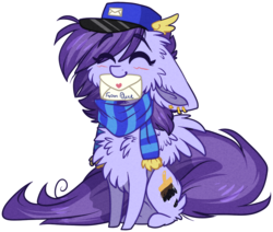 Size: 954x808 | Tagged: safe, artist:tay-niko-yanuciq, oc, oc only, oc:ddye, pony, cheek fluff, chest fluff, clothes, ear piercing, earring, eyes closed, floppy ears, fluffy, hat, jewelry, letter, mouth hold, piercing, scarf, simple background, solo, transparent background