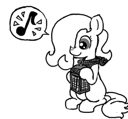 Size: 640x600 | Tagged: safe, artist:ficficponyfic, oc, oc only, earth pony, pony, colt quest, bandana, blank flank, child, colt, cute, foal, hair over one eye, lantern, male, monochrome, music notes, smiling, solo, story included