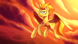 Size: 1920x1080 | Tagged: safe, artist:aegann, spitfire, pony, g4, dusk, ear fluff, female, flying, solo, twilight (astronomy)