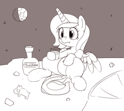 Size: 1280x1149 | Tagged: safe, artist:pabbley, princess luna, pony, g4, alcohol, belly button, earth, female, grayscale, hoof hold, monochrome, moon, moonshine, sitting, solo