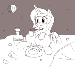 Size: 1280x1149 | Tagged: safe, artist:pabbley, princess luna, alicorn, pony, g4, alcohol, belly button, earth, female, grayscale, hoof hold, monochrome, moon, moonshine, sitting, solo