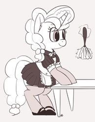 Size: 1280x1652 | Tagged: safe, artist:pabbley, sugar belle, pony, g4, bipedal, bipedal leaning, clothes, duster, female, glowing horn, horn, leaning, magic, maid, monochrome, simple background, solo, telekinesis