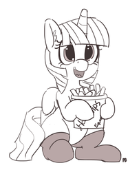 Size: 1280x1583 | Tagged: safe, artist:pabbley, twilight sparkle, alicorn, pony, g4, belly button, clothes, female, food, french fries, monochrome, open mouth, simple background, sitting, smiling, socks, solo, twilight sparkle (alicorn), white background