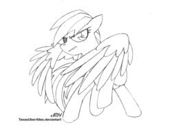 Size: 932x720 | Tagged: safe, artist:texasuberalles, rainbow dash, pegasus, pony, g4, female, lineart, looking at you, pencil drawing, raised hoof, simple background, sketch, solo, traditional art, white background