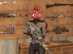 Size: 695x513 | Tagged: safe, oc, oc only, oc:bitter frostfall, anthro, fallout equestria, enclave, fallout: 4, grand pegasus enclave, gun, military uniform, mod, plasma gun, weapon