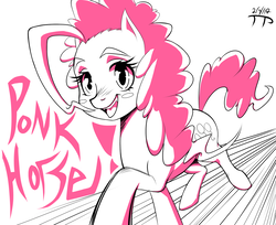 Size: 1469x1200 | Tagged: safe, artist:thethunderpony, pinkie pie, earth pony, pony, g4, female, happy, monochrome, ponk, running, sketch, solo, text, windswept mane