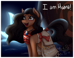 Size: 1850x1450 | Tagged: safe, artist:jack-pie, earth pony, pony, black mane, black tail, brown mane, brown tail, clothes, crossover, dialogue, disney, dress, female, mare, moana, moana waialiki, moon, ocean, open mouth, polynesian, ponified, sail, signature, solo, tail, water