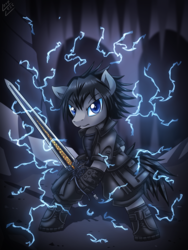 Size: 1500x2000 | Tagged: safe, artist:vavacung, earth pony, pony, bipedal, clothes, crossover, electricity, final fantasy, final fantasy xv, noctis lucis caelum, ponified, solo, square enix, sword, weapon