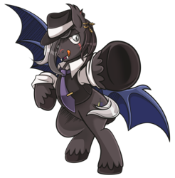 Size: 4134x4203 | Tagged: safe, artist:estories, oc, oc only, oc:shadow dash, bat pony, pony, absurd resolution, clothes, handsome, hat, male, necktie, open mouth, simple background, solo, stallion, tongue out, transparent background, trilby, vest