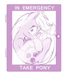 Size: 781x900 | Tagged: safe, artist:dstears, applejack, earth pony, pony, g4, bronybait, case, emergency glass, emergency pony, female, in case of emergency, looking at you, mare, missing accessory, monochrome, scared, solo, trapped, wide eyes