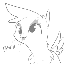 Size: 1080x1080 | Tagged: safe, artist:tjpones, gilda, griffon, g4, :p, birb, bust, cute, derp, female, fluffy, gildadorable, grayscale, monochrome, onomatopoeia, raspberry, raspberry noise, silly, smiling, solo, spread wings, tongue out