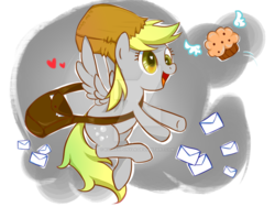 Size: 900x675 | Tagged: safe, artist:kumikoponylk, derpy hooves, pegasus, pony, g4, female, food, mailbag, mare, muffin, paper bag, solo, watermark