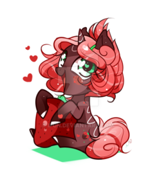 Size: 600x665 | Tagged: safe, artist:ipun, oc, oc only, pony, unicorn, female, food, heart eyes, mare, micro, simple background, solo, strawberry, watermark, white background, wingding eyes