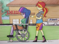 Size: 1024x767 | Tagged: safe, artist:missmayaleanne, part of a set, sci-twi, sunset shimmer, twilight sparkle, equestria girls, g4, chair, clothes, cute, female, hospital, lesbian, part of a series, patient, ship:sci-twishimmer, ship:sunsetsparkle, shipping, sitting, skirt, story included, traditional art, walking, wheelchair