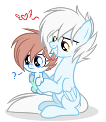 Size: 800x917 | Tagged: safe, artist:snowbunny0820, oc, oc only, pegasus, pony, baby, baby pony, colt, diaper, father and son, heart, male, question mark, simple background, sitting, stallion, transparent background