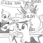 Size: 1280x1280 | Tagged: safe, artist:tjpones, gabby, gilda, greta, griffon, g4, 30 minute art challenge, acoustic guitar, band, birb, cute, drums, female, gabbybetes, gildadorable, griffon trio, guitar, headband, microphone, monochrome, musical instrument, open mouth, singing