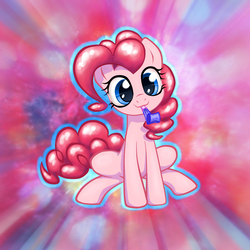 Size: 3189x3189 | Tagged: safe, artist:conniethecasanova, artist:inowiseei, color edit, edit, pinkie pie, earth pony, pony, g4, colored, female, high res, looking at you, party horn, sitting, solo