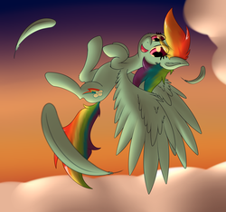 Size: 3088x2896 | Tagged: safe, artist:zogzor, rainbow dash, pony, g4, feather, female, high res, solo, sunset