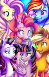 Size: 600x927 | Tagged: dead source, safe, artist:arcadianphoenix, applejack, fluttershy, pinkie pie, rainbow dash, rarity, twilight sparkle, alicorn, pony, g4, cute, mane six, raspberry, smiling, tongue out, twilight sparkle (alicorn)