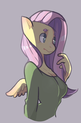 Size: 676x1026 | Tagged: safe, artist:theoryso, fluttershy, anthro, g4, beanbrows, breasts, bust, cleavage, clothes, eyebrows, female, gray background, looking away, nervous, simple background, solo