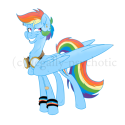 Size: 2700x2700 | Tagged: safe, artist:cranberry--zombie, rainbow dash, pony, g4, ear piercing, female, goggles, high res, lip piercing, piercing, simple background, solo, transparent background, watermark