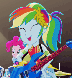 Size: 401x435 | Tagged: safe, screencap, pinkie pie, rainbow dash, equestria girls, g4, my little pony equestria girls: legend of everfree, animated, balloon, cropped, crystal gala, cute, cymbals, dashabetes, drum kit, drums, electric guitar, female, gif, guitar, musical instrument