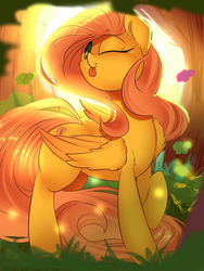 Size: 1800x2400 | Tagged: safe, artist:madacon, fluttershy, butterfly, pegasus, pony, g4, backlighting, colored pupils, cute, female, forest, grass, high res, looking at you, mare, one eye closed, raised hoof, shyabetes, solo, sunlight, tongue out, tree, turned head, wink