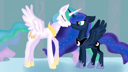 Size: 1280x720 | Tagged: safe, artist:jbond, princess celestia, princess luna, alicorn, pony, g4, blushing, boop, crossed horns, duo, eyes closed, female, horn, horns are touching, incest, lesbian, mare, noseboop, nuzzling, royal sisters, ship:princest, shipping, siblings, sisters, spread wings