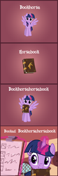 Size: 389x1170 | Tagged: safe, twilight sparkle, alicorn, pony, g4, book, bookhorse, comic, continuous pun, elements of harmony (book), mouth hold, twilight sparkle (alicorn), wordplay