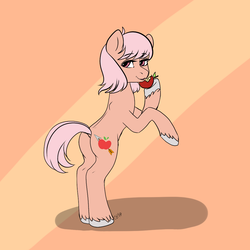 Size: 1000x1000 | Tagged: safe, artist:cottonaime, oc, oc only, pony, apple, food, looking at you, rearing, smiling, solo, standing