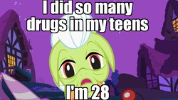 Size: 1280x720 | Tagged: safe, edit, edited screencap, screencap, granny smith, earth pony, pony, g4, luna eclipsed, my little pony: friendship is magic, caption, drugs, female, female focus, little britain, mare, solo focus