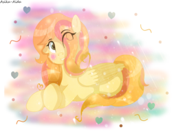 Size: 4581x3571 | Tagged: safe, artist:asika-aida, oc, oc only, oc:sugar dream, pegasus, pony, absurd resolution, blushing, commission, crossed hooves, female, hair over one eye, heart, mare, multicolored hair, prone, smiling, solo