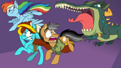 Size: 1920x1080 | Tagged: safe, artist:torusthescribe, cipactli, quibble pants, rainbow dash, oc, oc:ilovekimpossiblealot, g4, stranger than fan fiction, bound wings, flying, running