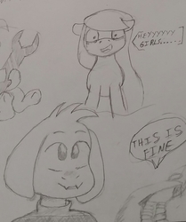 Size: 1017x1217 | Tagged: safe, artist:downhillcarver, oc, oc only, oc:mean mare, goat, asriel dreemurr, monochrome, sketch, sketch dump, undertale