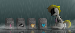 Size: 2000x880 | Tagged: safe, artist:duskie-06, princess cadance, princess celestia, princess luna, twilight sparkle, oc, oc only, oc:quentin, alicorn, pony, g4, alicorn oc, crying, gravestone, implied death, male, mortality blues, rain, sad, solo, stallion, twilight sparkle (alicorn)