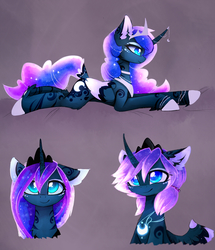 Size: 2480x2883 | Tagged: safe, artist:magnaluna, princess luna, alicorn, pony, g4, alternate hairstyle, alternate universe, body markings, curved horn, cute, female, galaxy mane, high res, horn, lunabetes, prone, smiling, solo