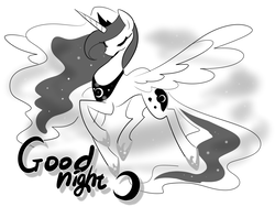 Size: 1400x1050 | Tagged: safe, artist:haden-2375, princess luna, pony, g4, crown, eyes closed, female, jewelry, monochrome, raised hoof, regal, regalia, simple background, solo, spread wings, text, white background