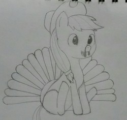 Size: 1280x1210 | Tagged: safe, artist:downhillcarver, artist:downhillcarver-art, applejack, pony, turkey, g4, female, pencil, pencil drawing, solo, thanksgiving, traditional art