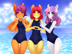 Size: 1400x1050 | Tagged: safe, artist:tolsticot, apple bloom, scootaloo, sweetie belle, earth pony, pegasus, unicorn, anthro, g4, belly button, clothes, cutie mark crusaders, female, heart hands, one-piece swimsuit, peace sign, school swimsuit, sukumizu, swimsuit